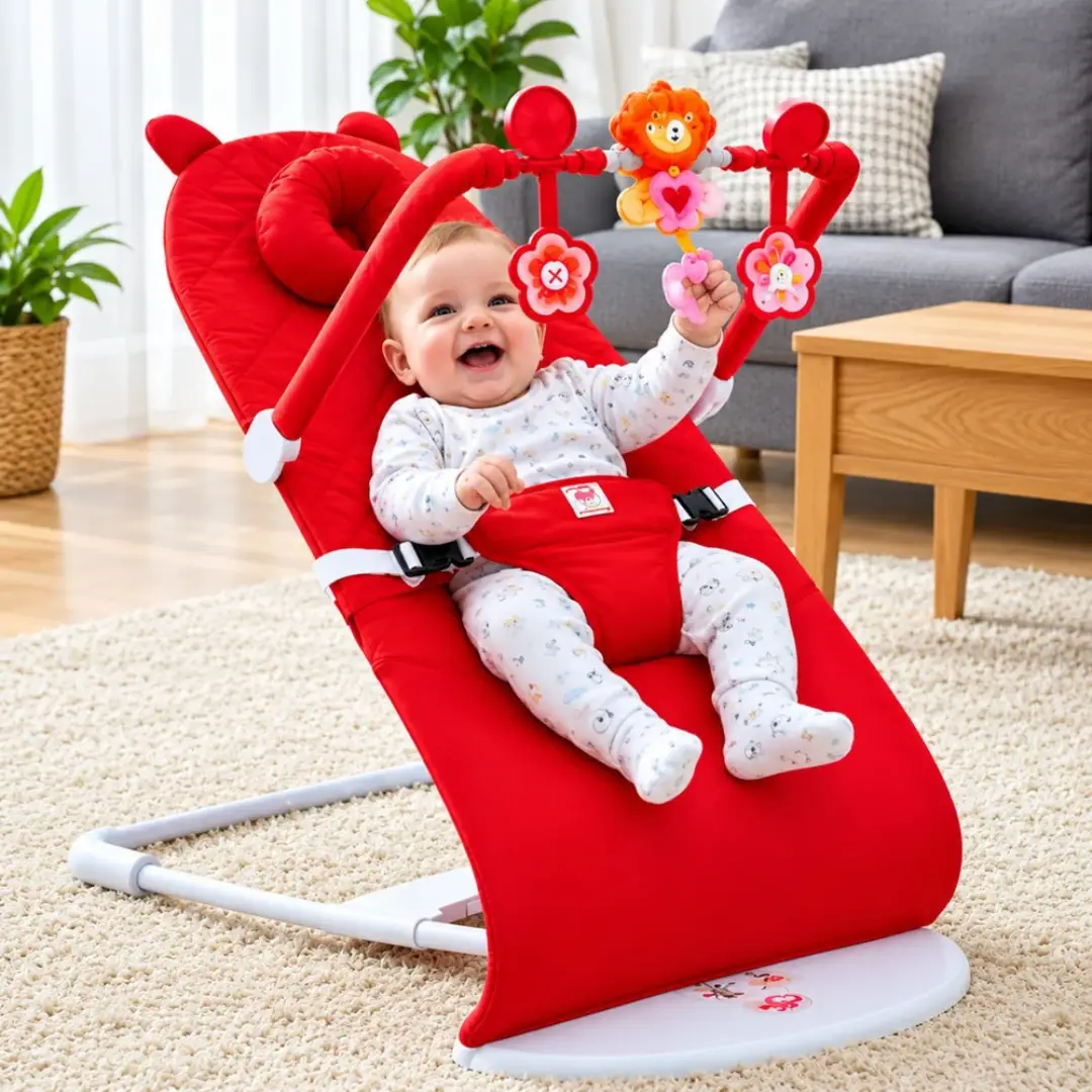 🎵 মিউজিক্যাল বেবি বাউন্সার 👶💕 🔴 রেড | 🩷 পিঙ্ক | ⚪ এস কালার 🎶 মিউজিক + 🧸 খেলনা + 🛏️ বালিশ